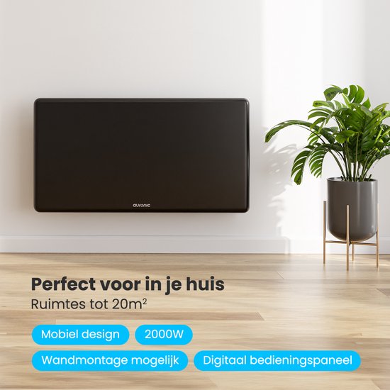Auronic Convectorkachel - 2000W - Elektrische Kachel - 3 Standen - Metalen Paneelverwarming - Vrijstaand - Wielen - Zwart