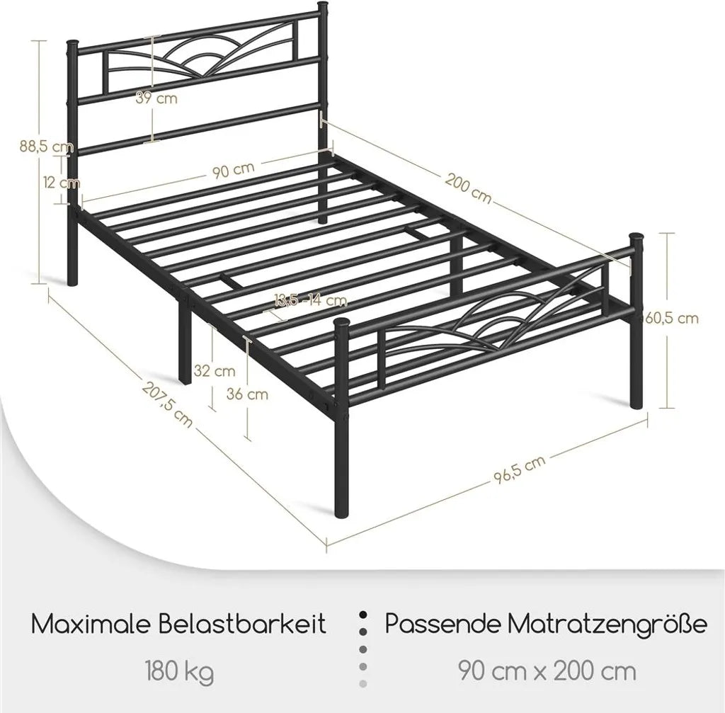 Yaheetech Metalen Bedframe 90 x 200 cm - Zwart - Met Wolkenpatroon Hoofdbord