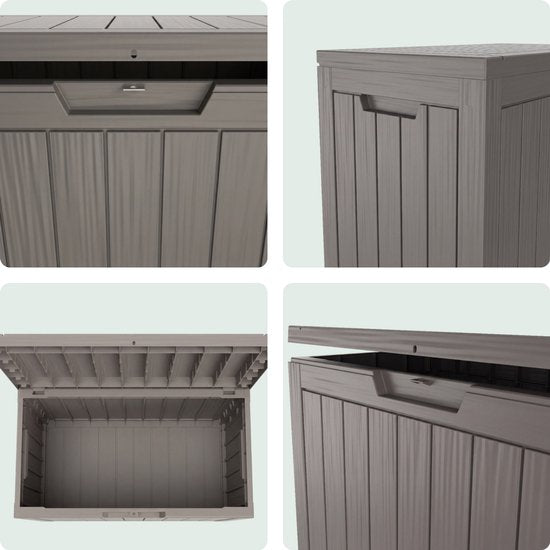 LifeGoods Opbergbox XS 170L - Tuinkussen Opbergbox - Waterdicht - Weerbestendig - Houtlook - Met Slothouder - Grijs
