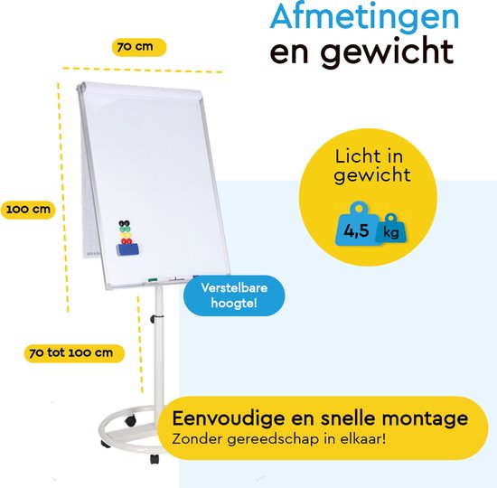 BRASQ Flipover Verrijdbaar Deluxe - 70x100 cm - Verstelbaar Whiteboard - Inclusief 25 vellen papier en accessoires - met Uitschuifbare Armen - Magnetisch bord met Haken - Magneetbord- Wit