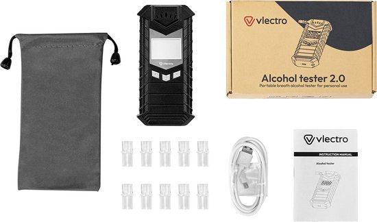 Vlectro Alcoholtester - Digitale Blaastest - USB-Oplaadbaar - Inclusief Mondstukjes - Compact Ontwerp