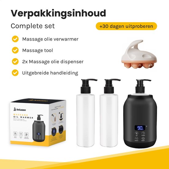 Bolusso Zwarte Massage Olie Verwarmer - Massageolie Verwarmer 30 Tot 65 Graden - Guasha - Massage Apparaat - Inclusief 2 Dispensers & Massage Tool - Elektrische Flessenwarmer- Massage Olie Erotisch