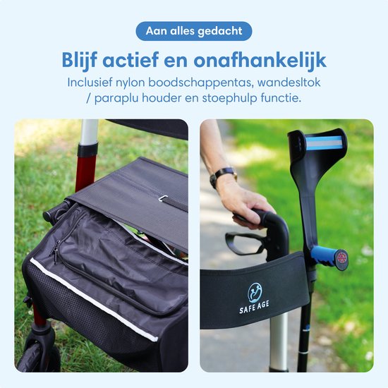 Safe Life® Rollator lichtgewicht en opvouwbaar - zitfunctie - voor binnen en buiten - Rugleuning en wandelstok houder - Rood