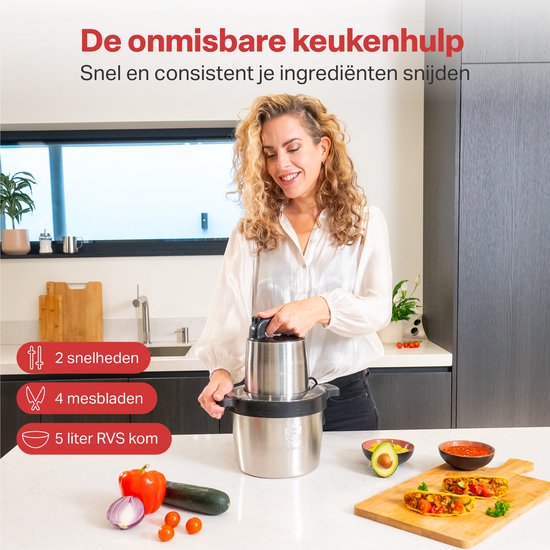 AoraKitchen Hakmolen - 5 Liter - 2 Snelheden - Chopper - 2000W - Elektrisch - 4 RVS Messen