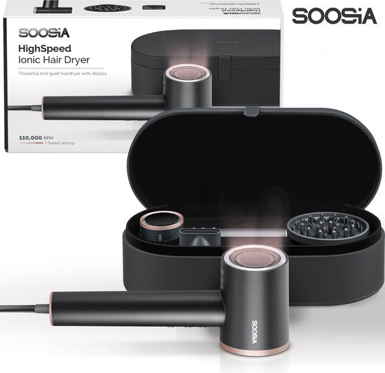 Soosia HighSpeed Ionic Föhn met Display - HeatProtect Autocare - Haardroger met Diffuser - Coolshot - 110.000 RPM