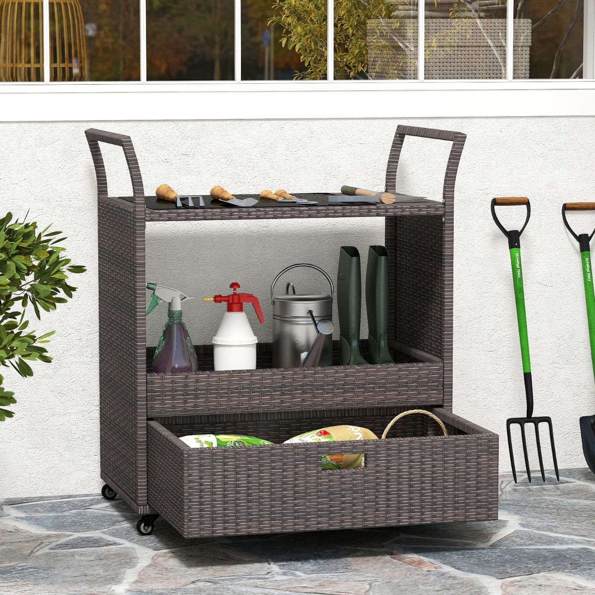 Coast Rieten Barwagen - met gehard glazen blad - grote lade en open plank - bruin - 85 x 47 x 92 cm