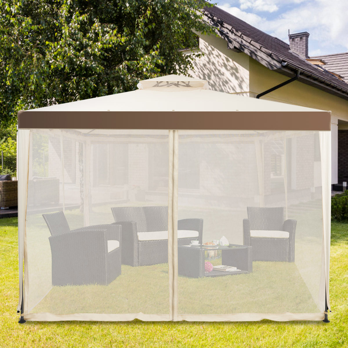 Tuinpaviljoen met 4 zijwanden - Incl. 8 Metalen Haringen en Scheerlijnen -300 x 300 x 265 cm - Beige