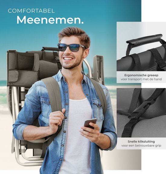 tectake® Strandstoel Coral - Opvouwbare Campingstoel met Koeltas en Opbergtas - 5-voudig Verstelbare Rugleuning met Hoofdkussen - Brede Armleuningen met Bekerhouder / Telefoonhouder - Inklapbare Kampeerstoel - Grijs
