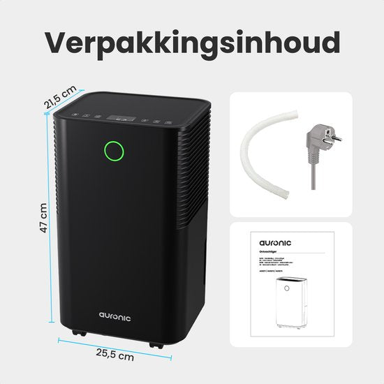 Auronic Luchtontvochtiger - Compact Serie - 12L per dag - Was-droog functie - Slaapkamer, Badkamer en Woonkamer - Vochtvreter voor in Huis - Zwart
