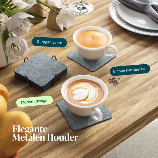 Castagnola Kunstlederen Onderzetters – Onderzetters voor Glazen – Design Onderzetters met Houder – Leren Onderzettersset met metalen houder – Leder – Set van 10 - Gemêleerd Blauw - 10x10cm