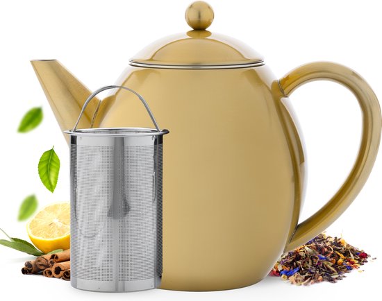 Vaja® Theepot Valerie Goud - Dubbelwandig - 1.2 Liter - RVS Theekan met Filter & Warmhouder