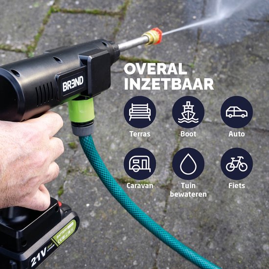 BREND BR-2235 Draadloze Hogedrukreiniger met Accu en Verstelbaar Mondstuk - 3 Sproeipatronen – Aanzuigslang en Fles - Zwart