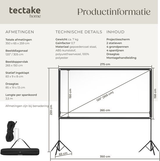 tectake® Beamer Scherm - 120 Inch (305 cm) - 16:9 Projectiescherm met Dubbel Statief - 4K HD - Oprolbaar - Uittrekbaar - Projectiedoek - Presentatiescherm - Home Cinema - Inclusief Draagtas