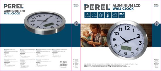 Perel Wandklok, rond, analoog, 35 cm, lcd-scherm met thermometer, hygrometer en weersvoorspelling, aluminium, zilver