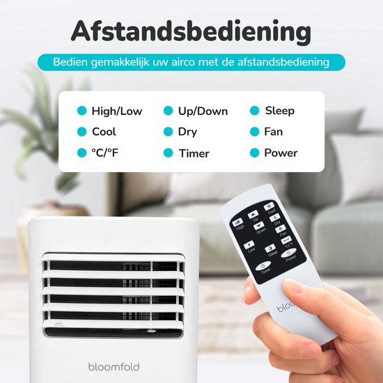 Bloomfold 4-in-1 Mobiele Airco – Incl. Raamafdichtingskit – 9.000 BTU – 31,5 x 31 x 70 cm – Wit