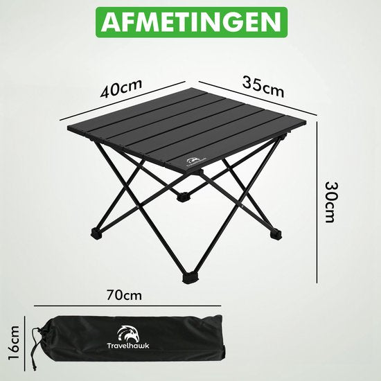 Travelhawk Campingtafel Inklapbaar - Campingtafel Opvouwbaar - Camping Tafel - campingtafel Lichtgewicht - Picknicktafel Kinderen - Zwart - 40x35x30cm - Small