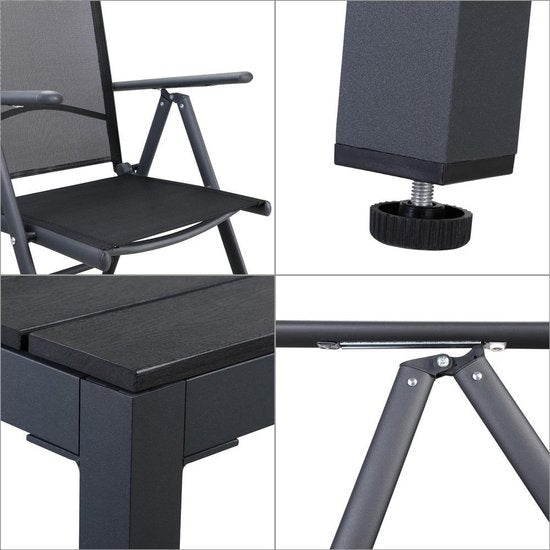 Tuinset 6 + 1 Klapstoelen Tuintafel \/u2013 Aluminium 140x80cm - Grijs