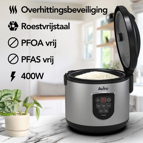 Aviro Rijstkoker - Slowcooker - 1,2L - 7 Functies - Warmhoudfunctie - Rice Cooker - Anti Aanbaklaag - Multicooker - 2-6 Personen - RVS