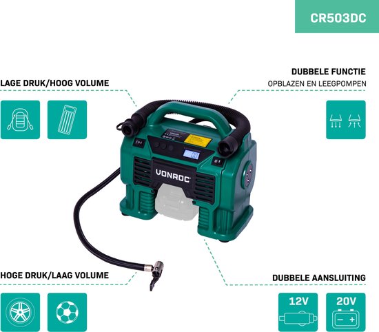 VONROC Accu compressor – VPower 20V – Zonder accu & lader – 20V accu & 12V aansluiting – 11 bar – Incl. 8 accessoires