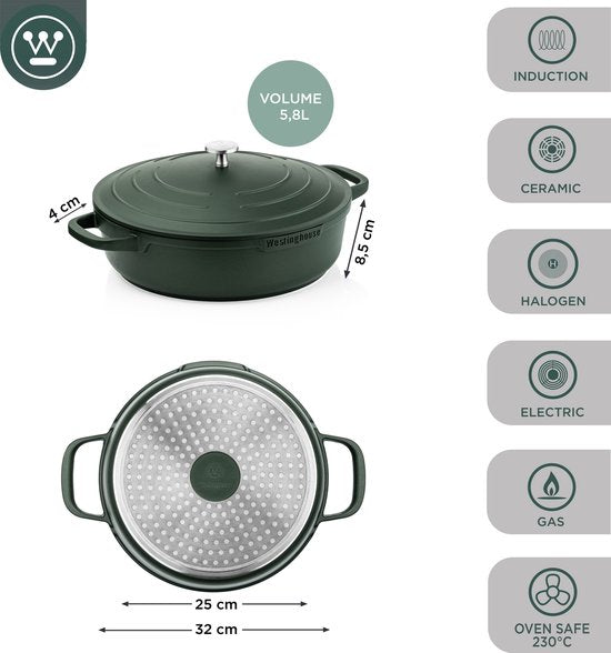 Westinghouse Performance Series - Hapjespan Inductie Met Deksel - 32cm Sauteerpan - Groen - Geschikt voor alle warmtebronnen inclusief inductie en oven