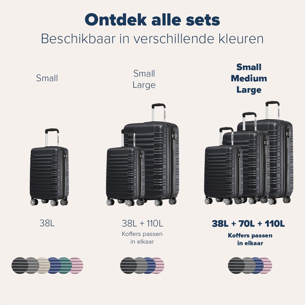 TRVLMORE Set van 3 Koffers – Incl. Cijferslot – 38L + 70L + 110L – Zwart