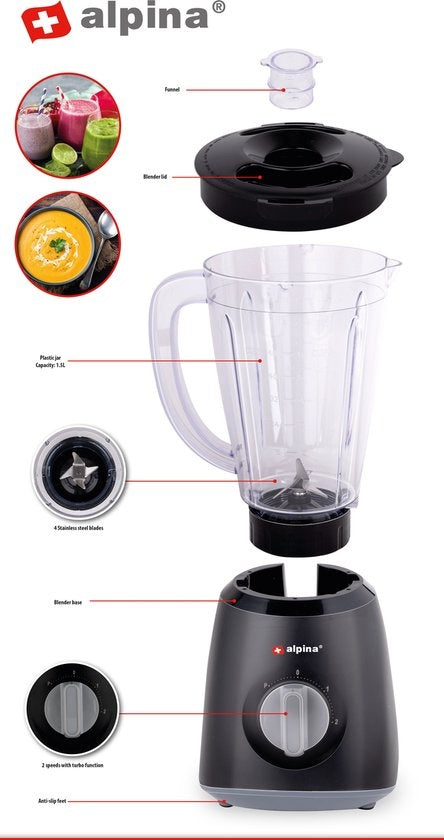 alpina Blender - 1,5 Liter - 400 Watt - Turbofunctie - Kunststof Kan - Zwart