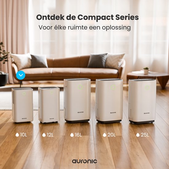 Auronic Luchtontvochtiger - Compact Series - 10L per dag - 2L Waterreservoir - Was-droog functie - Slaapkamer, Badkamer en Woonkamer - Vochtopnemer voor in Huis - Dehumidifier - Wit