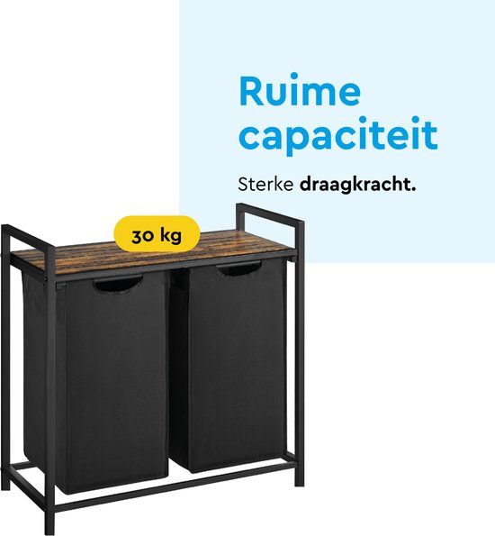 BRASQ Wasmand 2 vakken - Wassorteerder 76 Liter - Uitschuifbaar met Plank 73x33x71 cm - Wasbox Zwart Metaal - Bruin hout - Basket