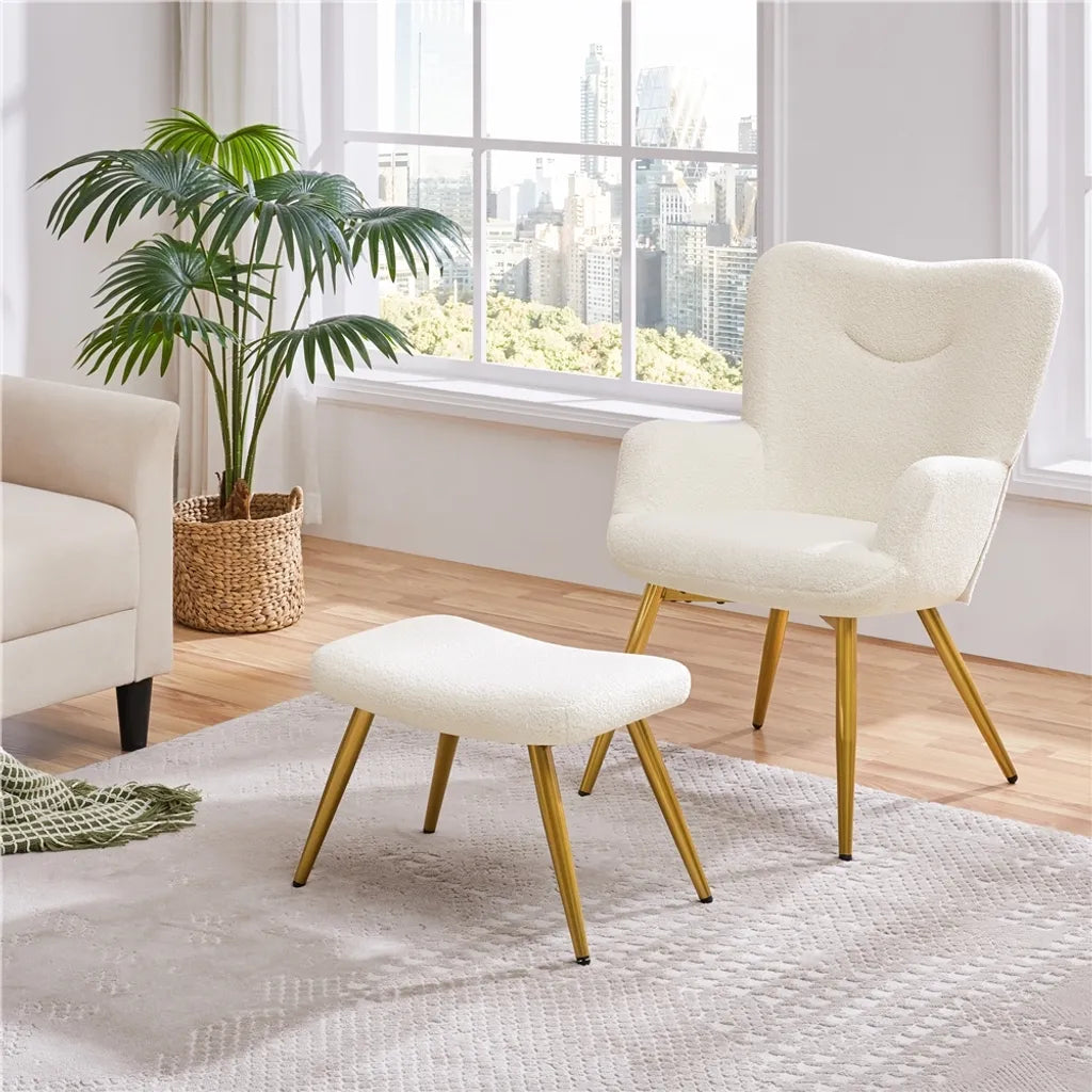 Yaheetech Oorfauteuil met Voetenbankje, Bouclé, Wit/Crème