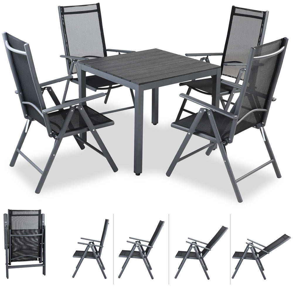 Tuinset 4 + 1 Klapstoelen Tuintafel – Aluminium 80x80cm - Grijs