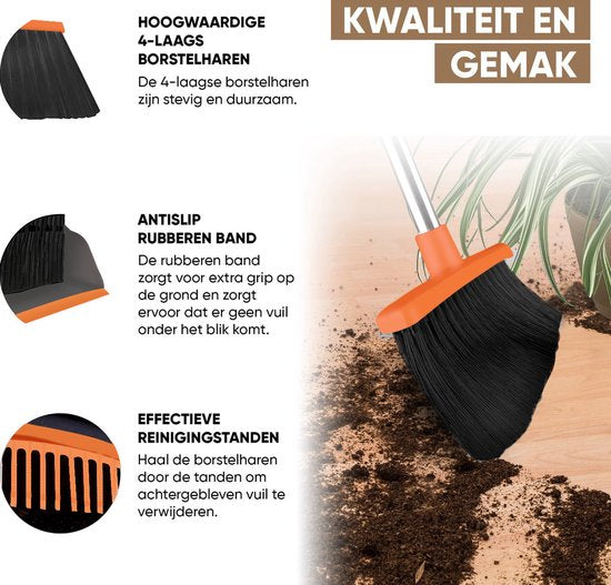 TTD® Stoffer en Blik met Lange Steel XXL - Verstelbaar 54-263 cm - Bezem - Bezemsteel - Grijs & Oranje - Veger en Blik - Vuilblik voor Binnen en Buiten - Ingebouwde Schoonmaaktanden