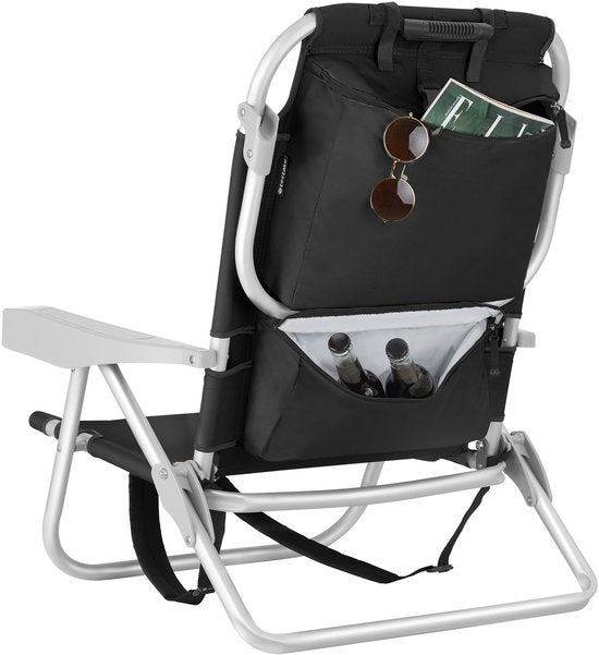 tectake® Strandstoel Coral - Opvouwbare Campingstoel met Koeltas en Opbergtas - 5-voudig Verstelbare Rugleuning met Hoofdkussen - Brede Armleuningen met Bekerhouder / Telefoonhouder - Inklapbare Kampeerstoel - Zwart