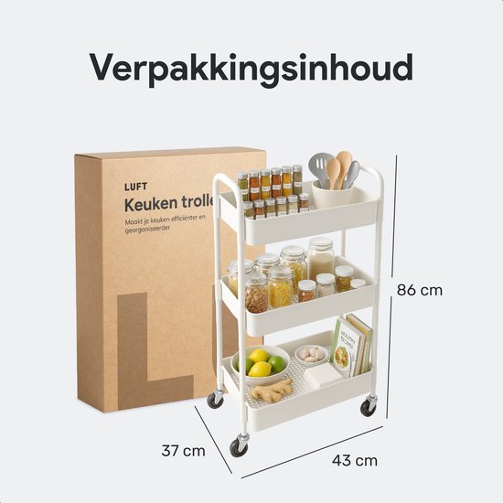 Keuken trolley op Wieltjes - 3 laags - Keukenrek - Serveerwagen - Kastje - Karretje - Opberg - Douche kastjes staand - Rekje - Wit - Luft