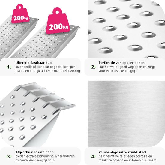 tectake® 2x Oprijplaten - Set van 2 Stalen Oprijplaten met Draagvermogen tot 400 kg - Antislip en Geperforeerd - Oprijplaat voor Auto, Aanhanger, Motorfiets, Zitmaaier, Rolstoel, Fiets (160 cm)