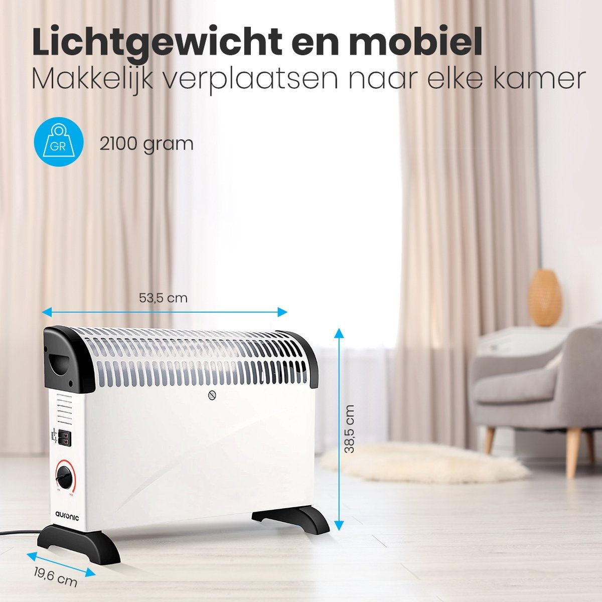 Auronic Elektrische Convectorkachel - 750/1250/2000 Watt - Verstelbare Thermostaat - Wit - 53.5x19.6x38.5