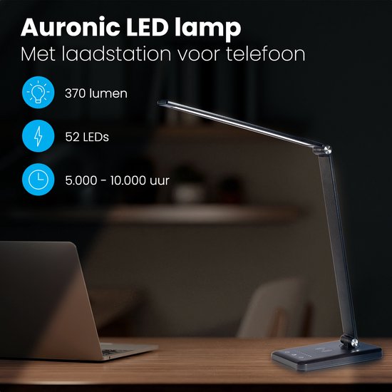Auronic Bureaulamp - LED - USB en Draadloos Mobiel Opladen - Timer - Dimbare Klemlamp - Wit en Warm Licht - Zwart