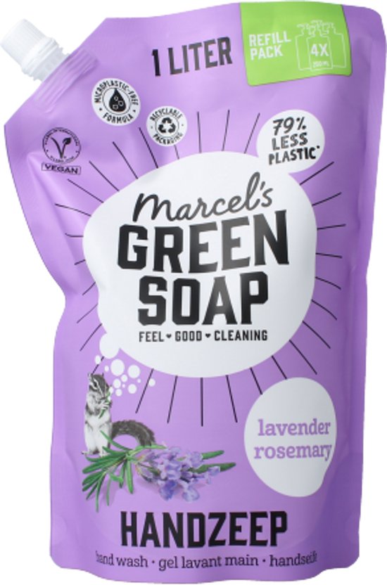 Marcel's Green Soap Handzeep Navulverpakking Lavender & Rosemary 1-Stuk 1000 ml – Paars/Groen – 93,55% Natuurlijk