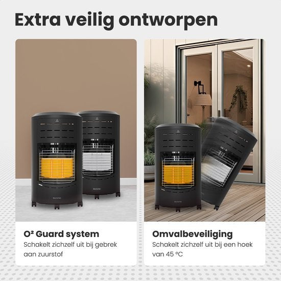 Auronic Mobiele Gaskachel - met Wieltjes - tot 60 m² - 4200W Heater - Inclusief Gasdrukregelaar en Gasslang - Inclusief Opberghoes - Zwart