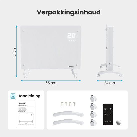 Auronic Elektrische Kachel – Convectorkachel met Thermostaat en Afstandsbediening - Glazen Paneelverwarming - 1500W Heater - Wit