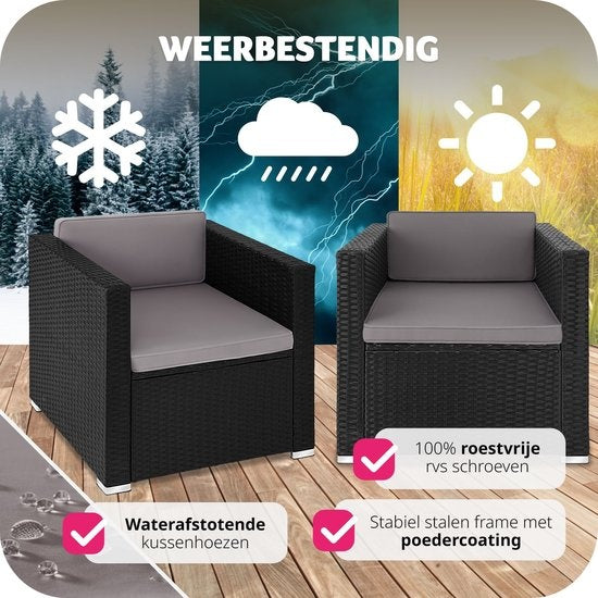 tectake® comfortabele wicker fauteuil met armleuningen, tuinmeubelen voor balkon, tuin, lounge, 70 x 69 x 65 cm, waterafstotende en wasbare hoezen, inclusief zit- en rugkussens - zwart - poly-rattan