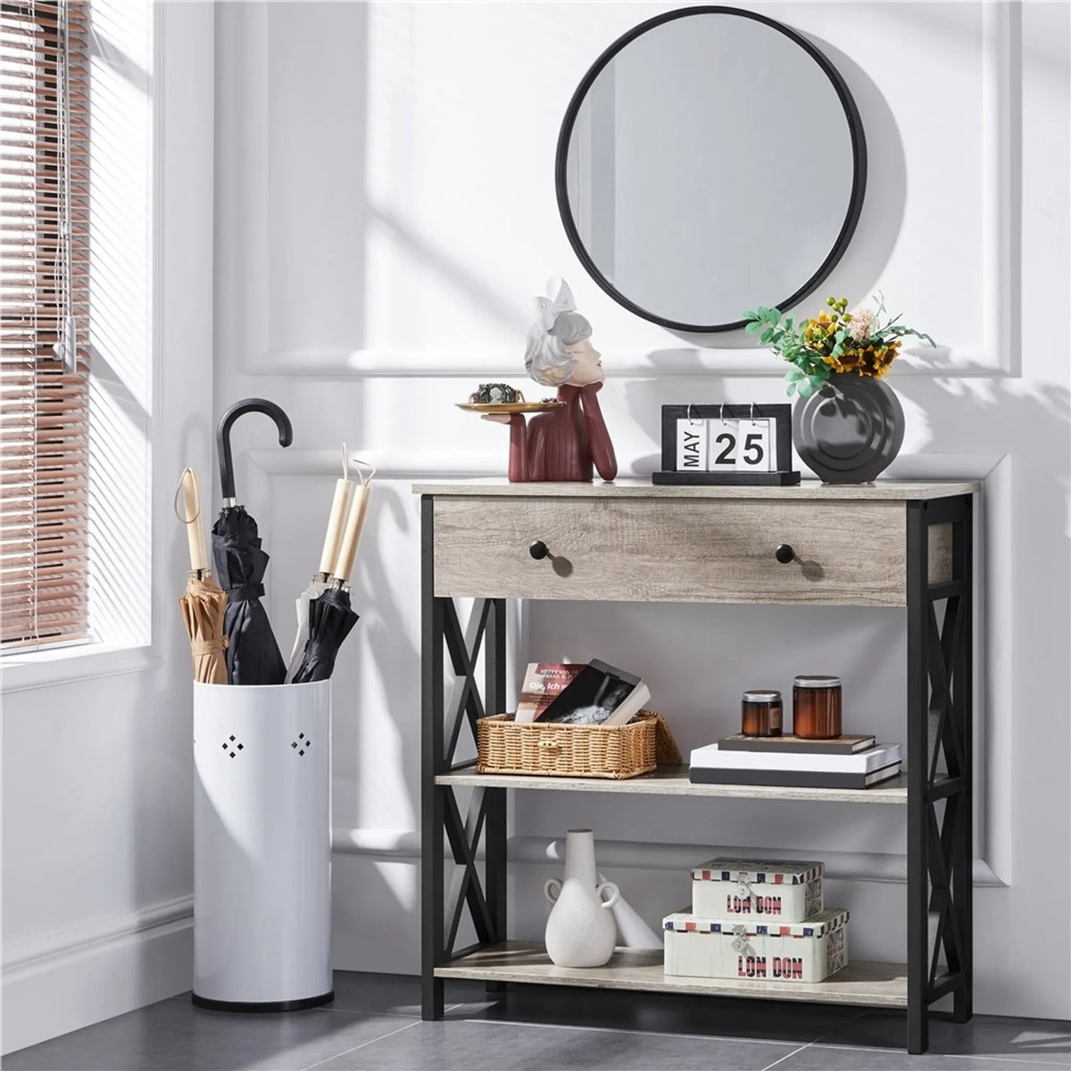 Yaheetech Wandtafel 80x29,5 cm met Schuiflade en 2 Legplanken – Grijs – MDF en Metaal