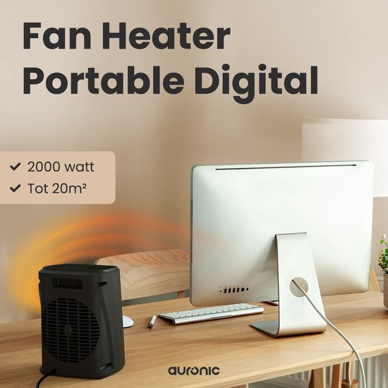 Auronic Ventilatorkachel Digitaal - Keramische Kachel - Draagbaar - 2000W Heater - Zwart