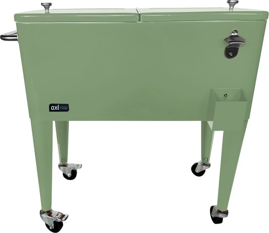 AXI Retro Cooler Groen - Koelbox met afneembare deksel en flesopener - Met 2 wielen en rem - 76L inhoud