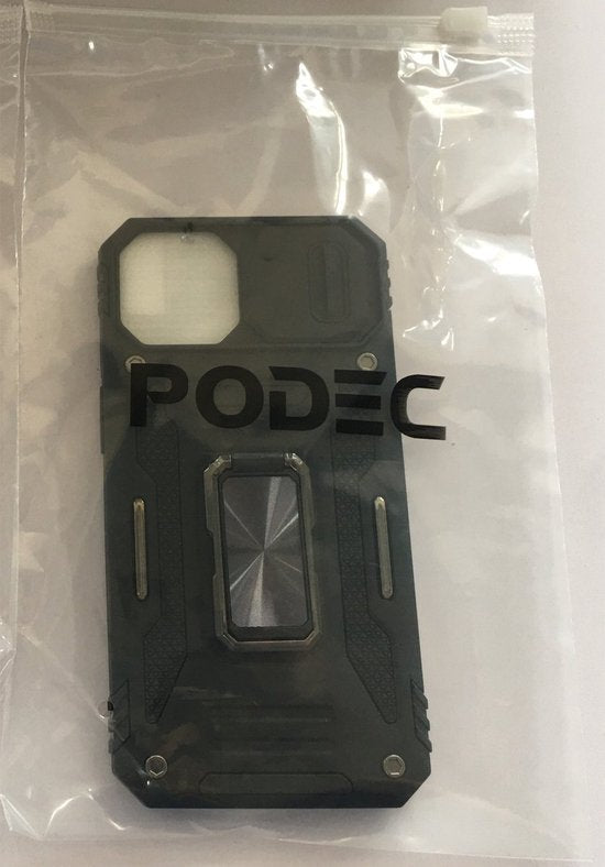 Podec Hoesje geschikt voor iPhone 15 Pro Max Zwart Telefoonhoesje - Anti-Shock Case Cover Hybrid Armor Hoes met Kickstand Ring met Screenprotector