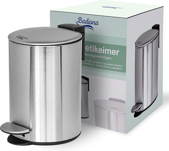 BADIONA Prullenbak – Softclose Deksel & Uitneembare Binnenemmer – 5 Liter – 22 x 22 x 29 cm – Zilver/Zwart