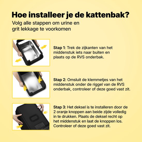 Jake en Jacky RVS Kattenbak - Kattentoilet Roestvrijstaal - Incl. Kattenbakschep met Houder en Gritopvang Opstapje - 2 in 1 Open Kattenbak met Afneembare Deksel - 60x40x38cm - Zwart