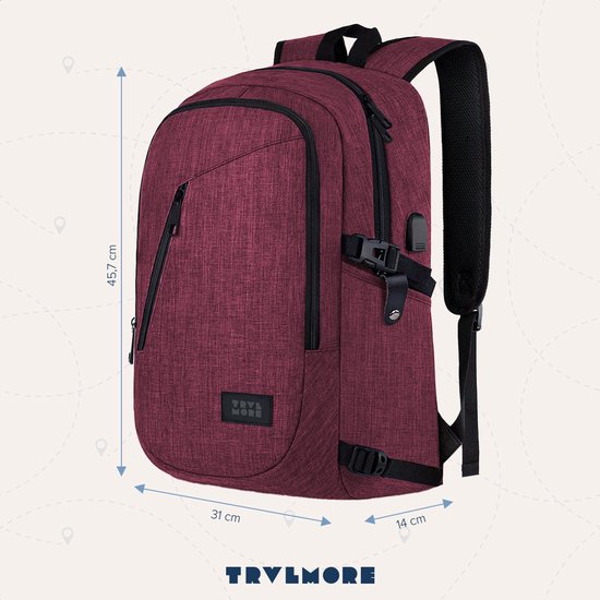 TRVLMORE Rugzak met Levenslange - Rugtas met 15,6 Inch Laptopvak - Schooltas - Spatwaterdicht - Heren en Dames - Jongens en Meisjes - 25L - Burgundy