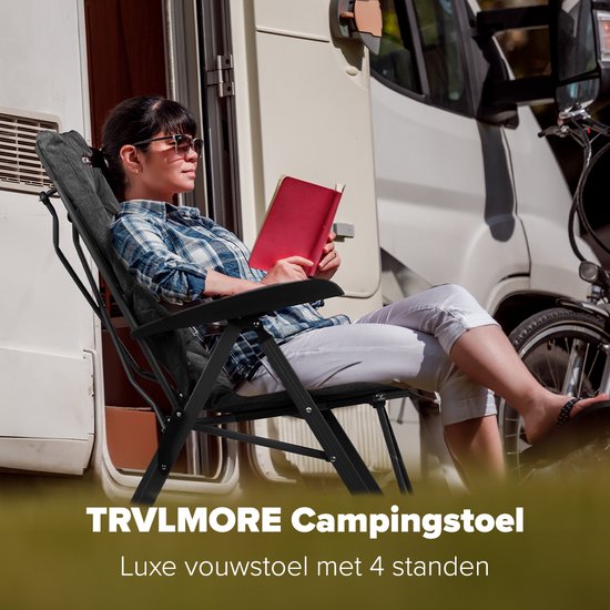 TRVLMORE Campingstoel - Inclusief Draagtas - Comfortabele Vouwstoel - 150 kg draagvermogen - Kampeerstoel - Opbergvak - Klapstoel - Zwart