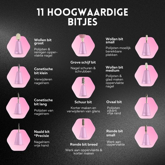 Beeperfect® Draadloze Elektrische Nagelvijl Pro Edition - Nagelfrees - Manicure en Pedicure set - Oplaadbaar - 11 Bitjes en 60 Schuurrolletjes - 30.000RPM - Roze