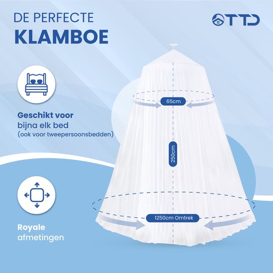 TTD® Hoogwaardige XXL Klamboe 2 Persoons met Reistas - Polyester - Wasbaar in Wasmachine - Klamboe 1 Persoons - Klamboe Baby - Muggennet - Muggengaas - Muskietennet - 65 x 250 x 1250 cm - Inclusief Ring en Montagekit